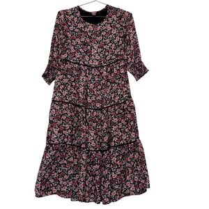 Nom Women Maternity Tiered Midi Dress XS Pink Black Floral Smocked Sleeve Velvet